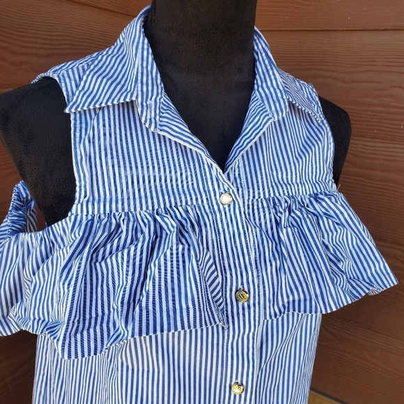 MICHAEL KORS Blue & White Pinstripe Cold Shoulder Mini Dress Women's Size 4 NWOT - Picture 2 of 15